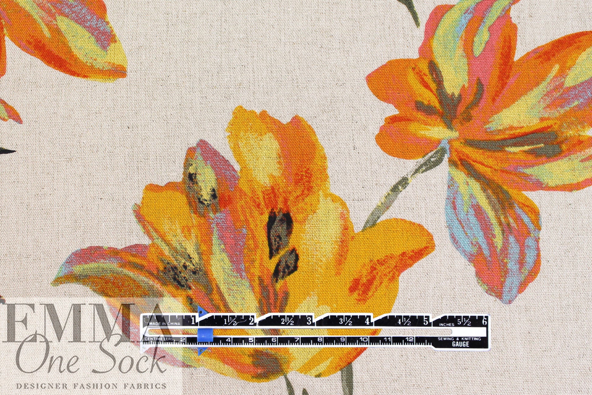 vibrant floral rayon/linen woven - natural/orange 1.375 yd