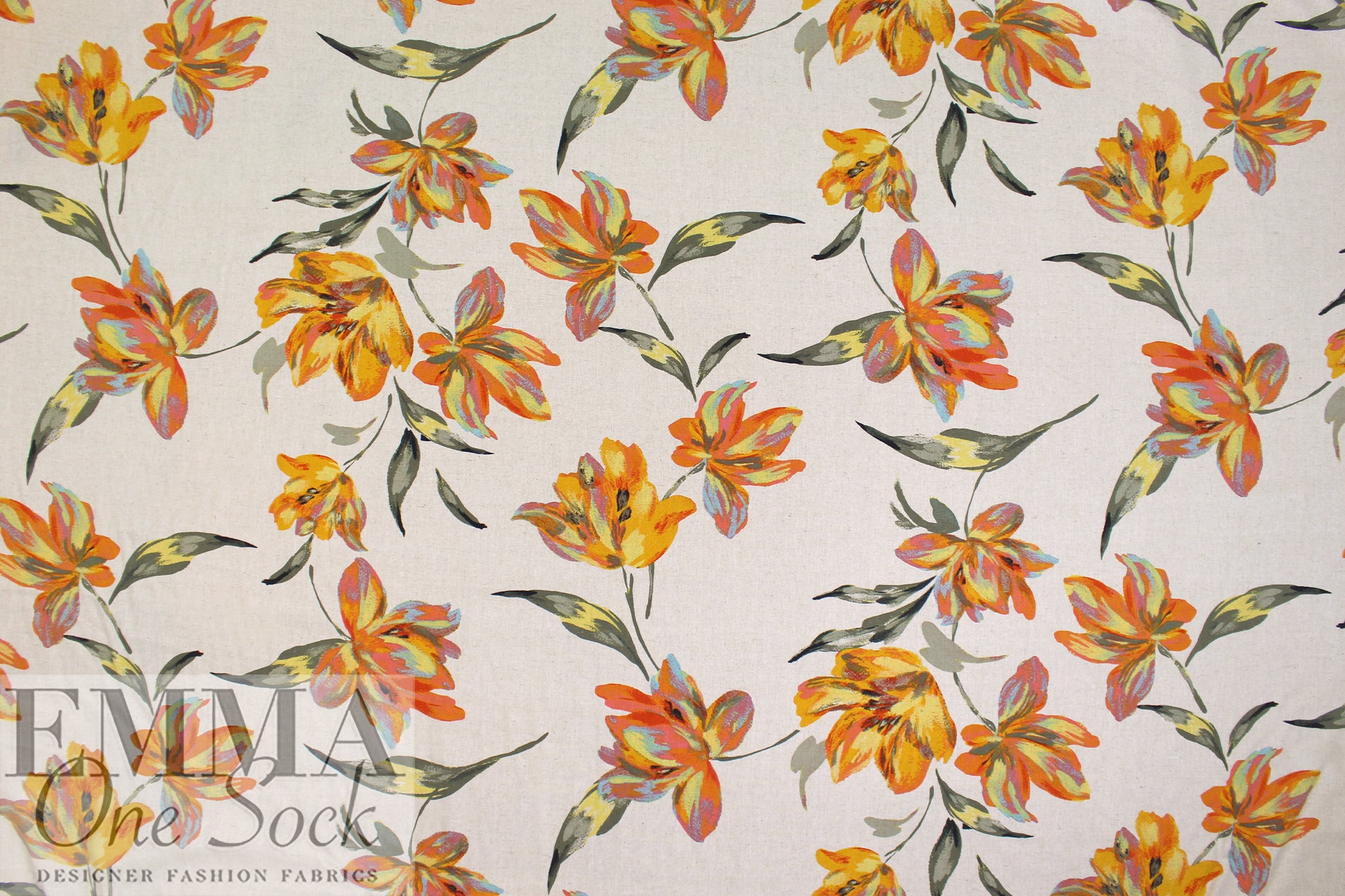vibrant floral rayon/linen woven - natural/orange 1.375 yd