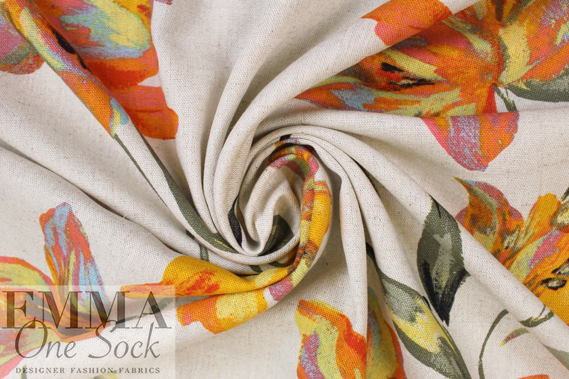 vibrant floral rayon/linen woven - natural/orange 1.875 yd
