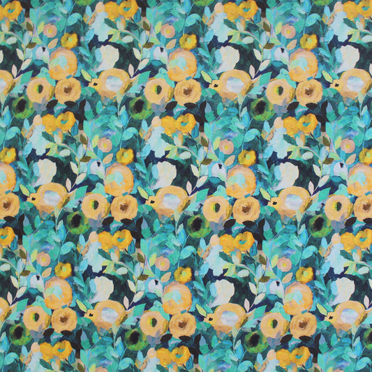 painterly floral rayon/linen woven - teal/maize