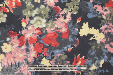 viscose/nylon blossoms on black drapey woven