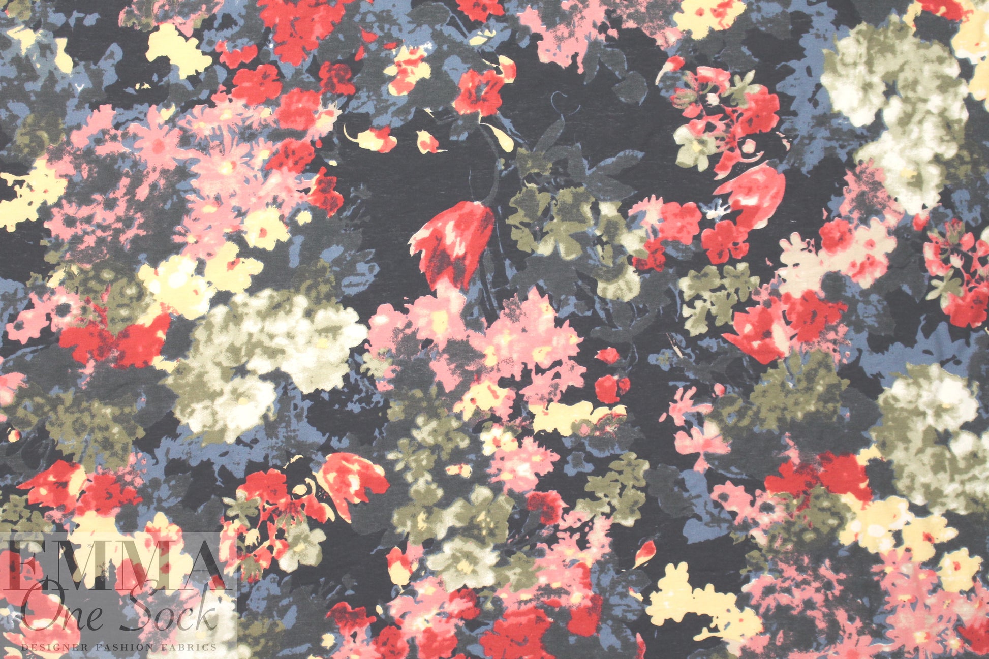 viscose/nylon blossoms on black drapey woven