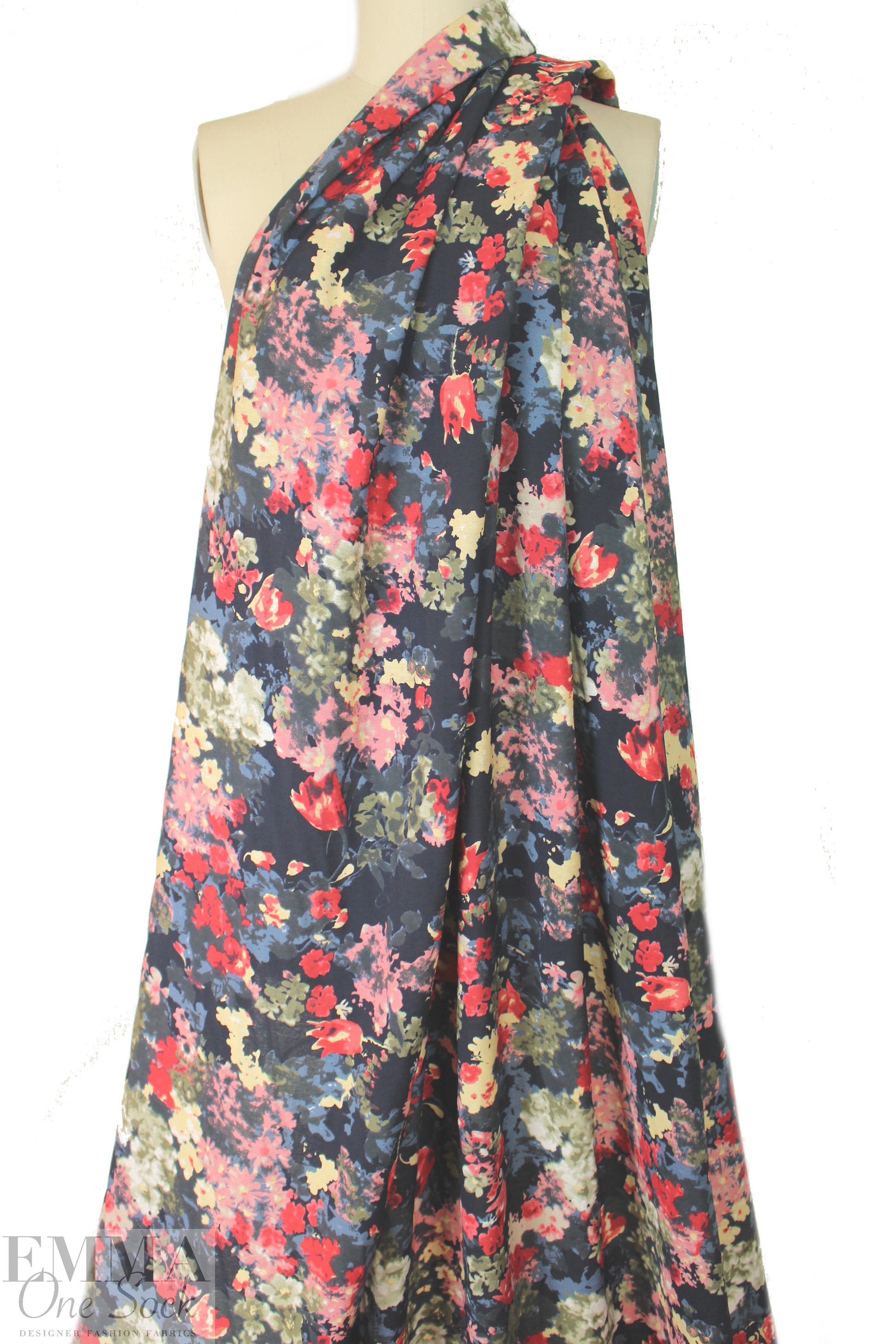 viscose/nylon blossoms on black drapey woven