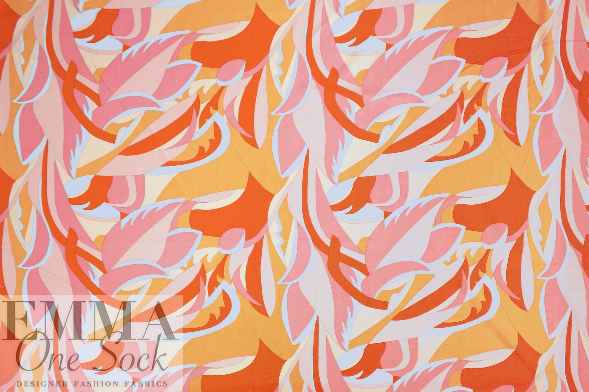 'layered leaves' rayon challis woven - pumpkin/light pink