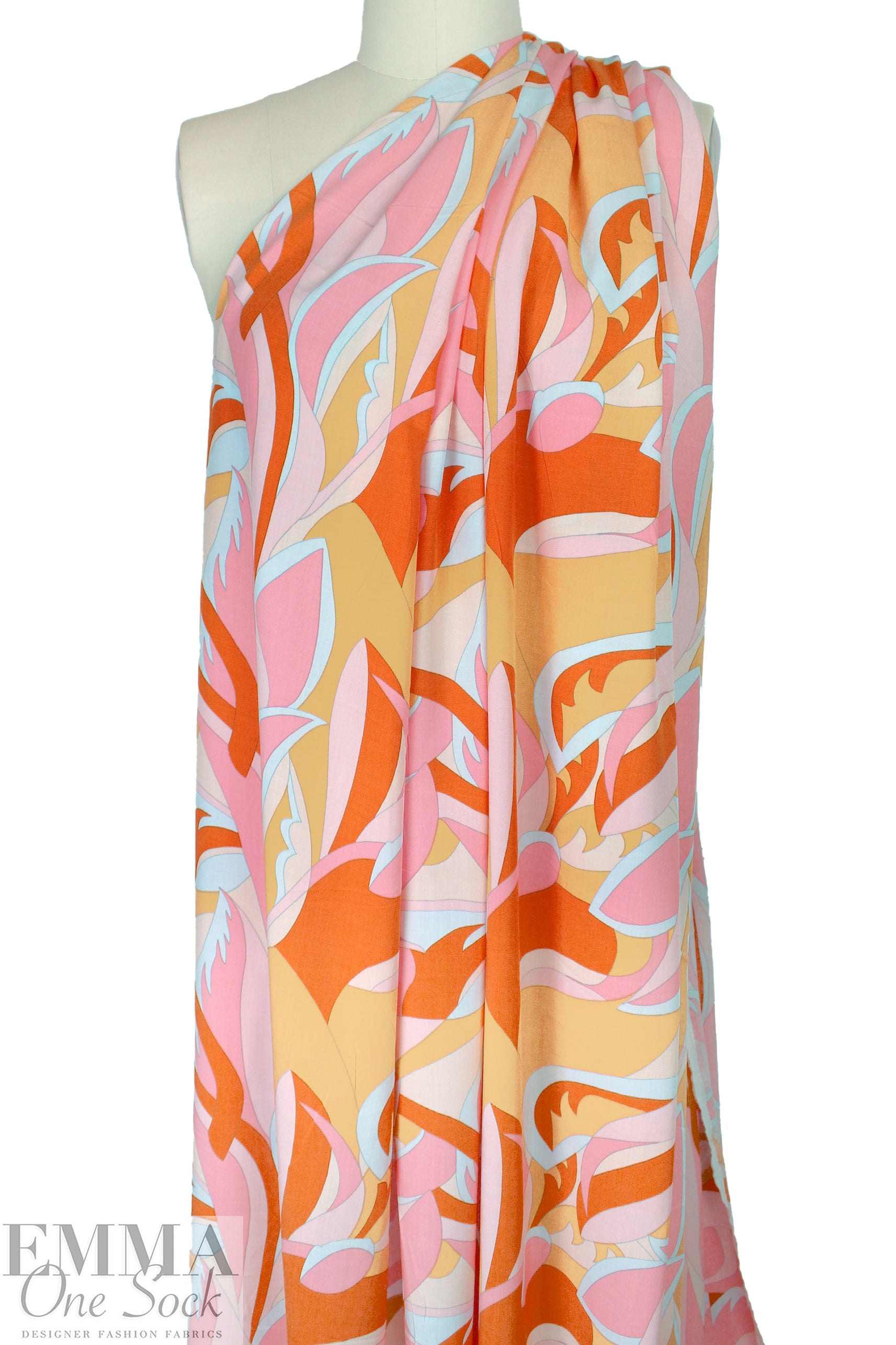 'layered leaves' rayon challis woven - pumpkin/light pink 1.5 yd