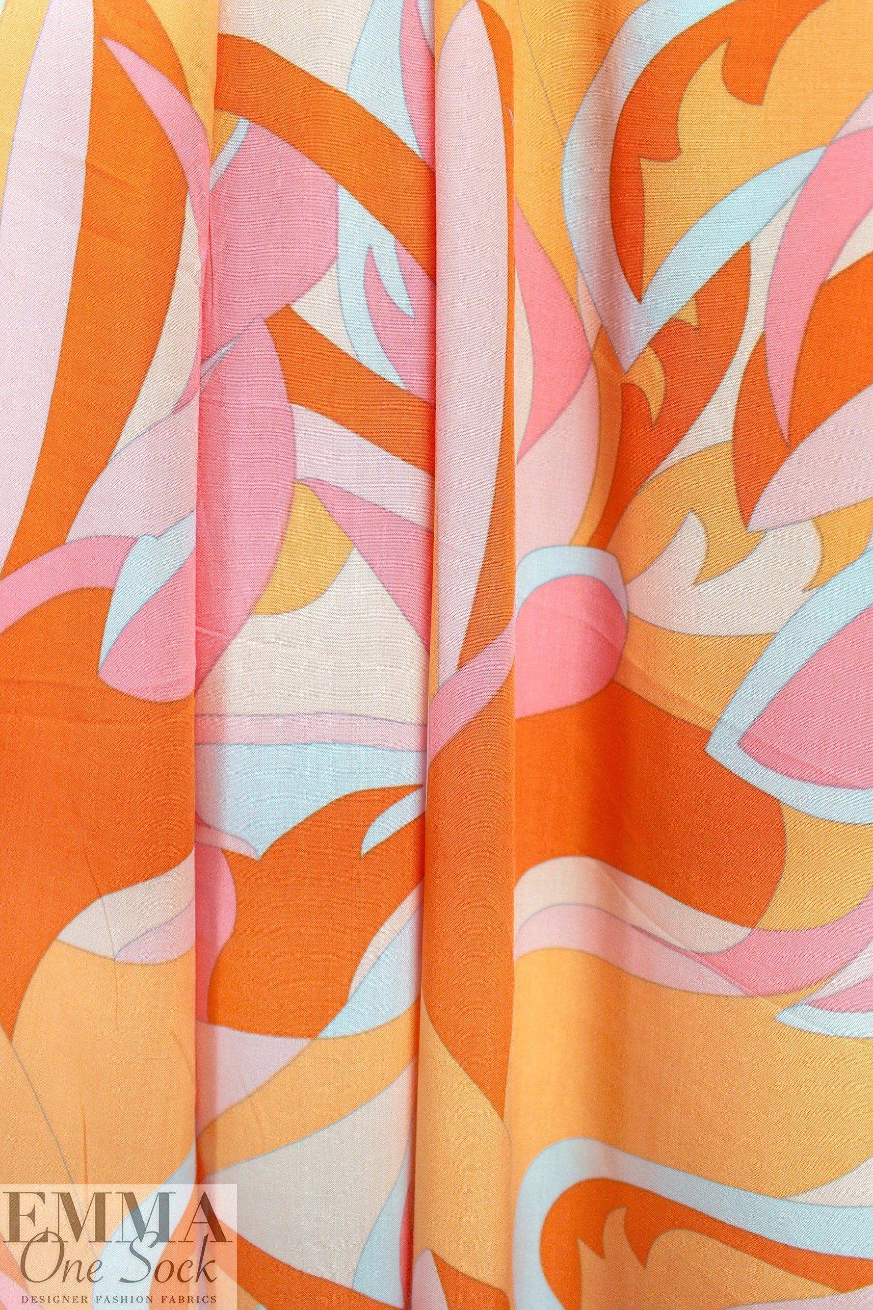 'layered leaves' rayon challis woven - pumpkin/light pink 2 yd