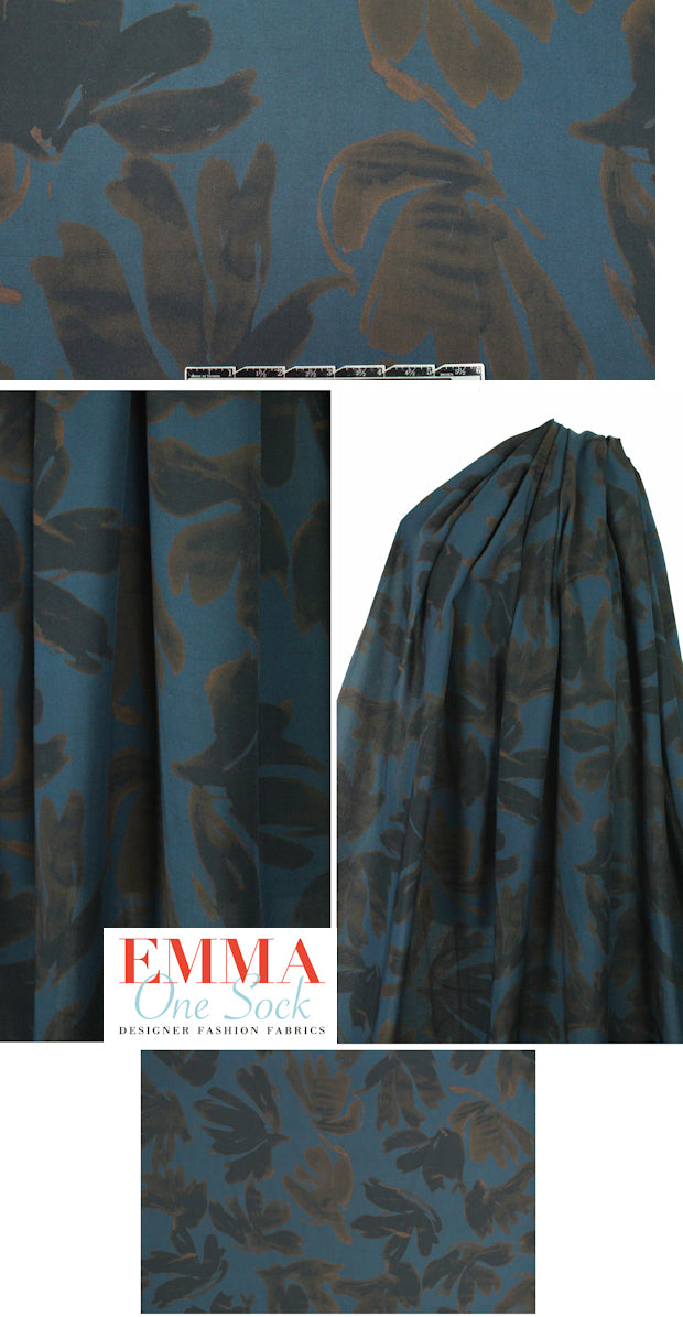 Italian teal/earth leaf silhouette viscose print