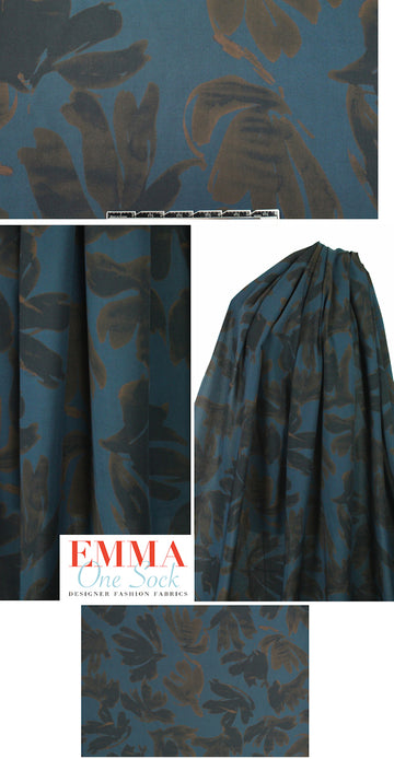 Italian teal/earth leaf silhouette viscose print 1.25 yds