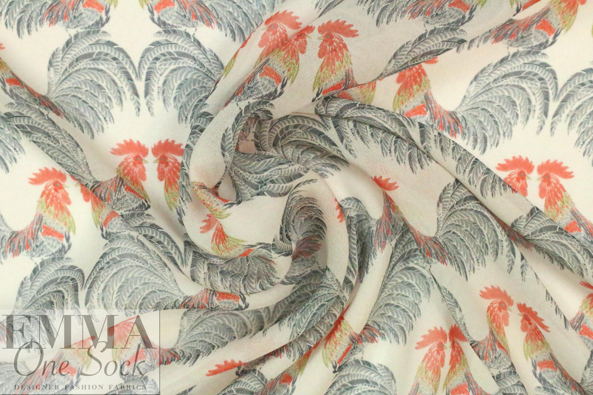 CA designer roosters graphic sheer viscose crepe 1.25 yds