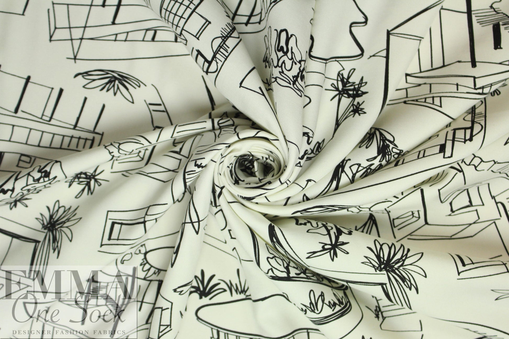 'luxury homes' drapey rayon twill woven - black on ivory 1.25 yds