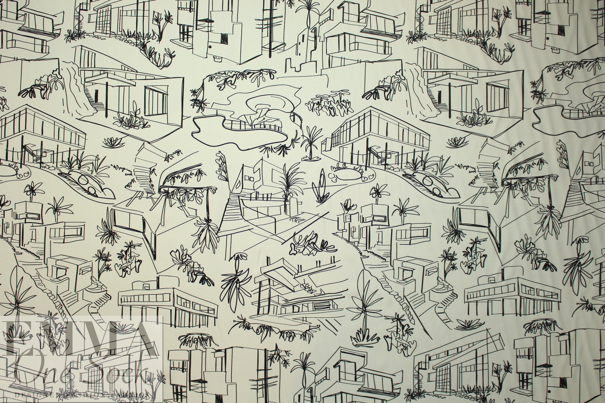 'luxury homes' drapey rayon twill woven - black on ivory 1 yard