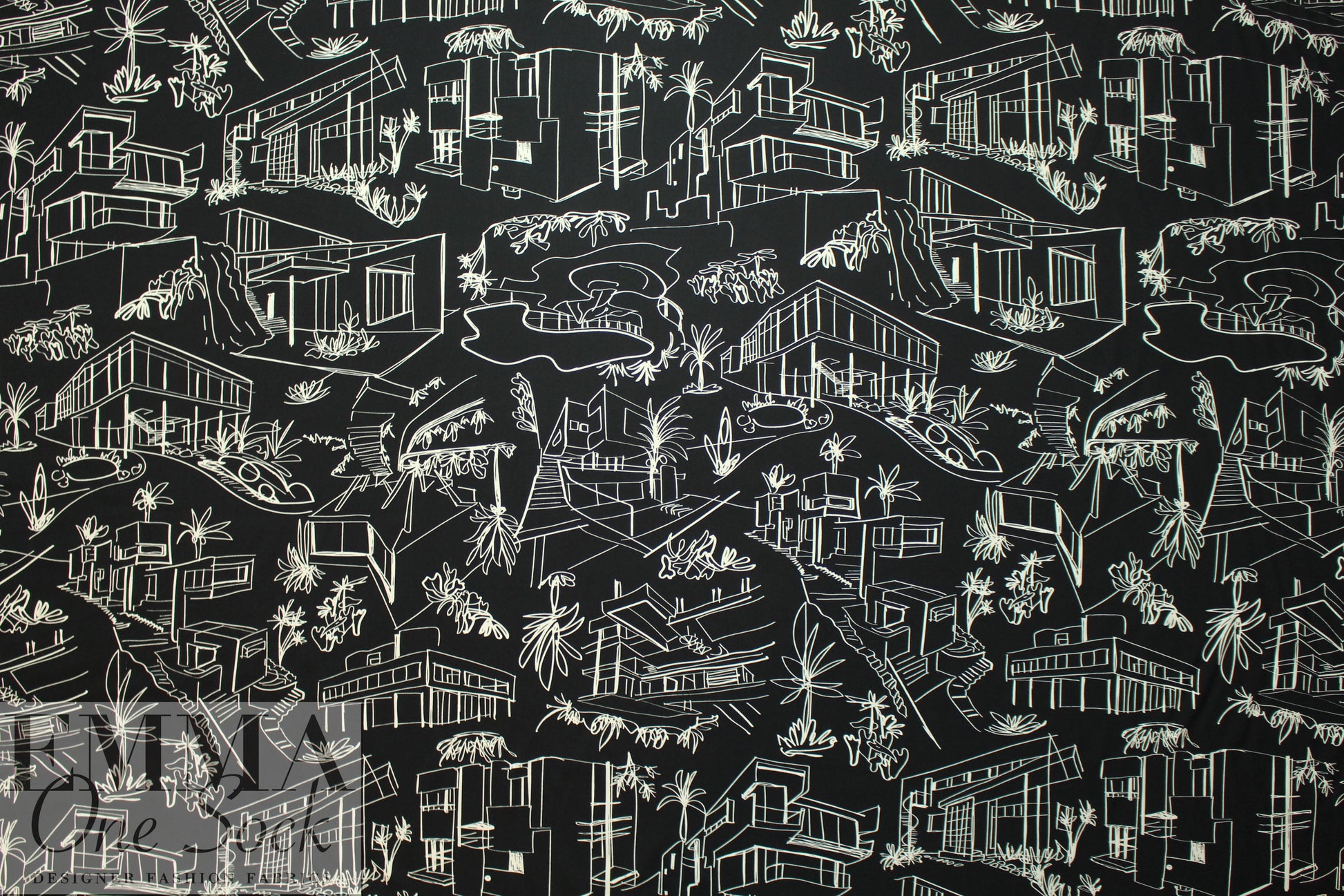 'luxury homes' drapey rayon twill woven - ivory on black .625 yds