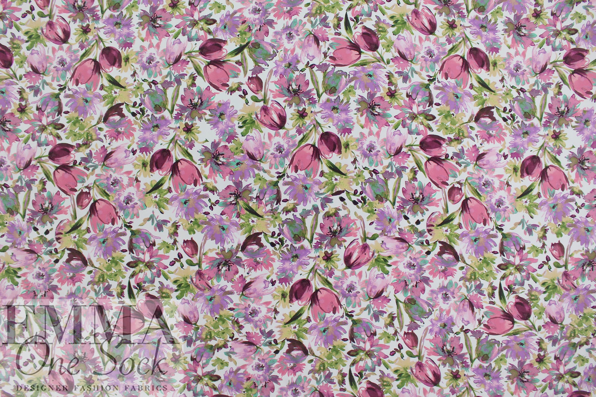 'painted posy' rayon twill woven - orchid/avocado 1 yard