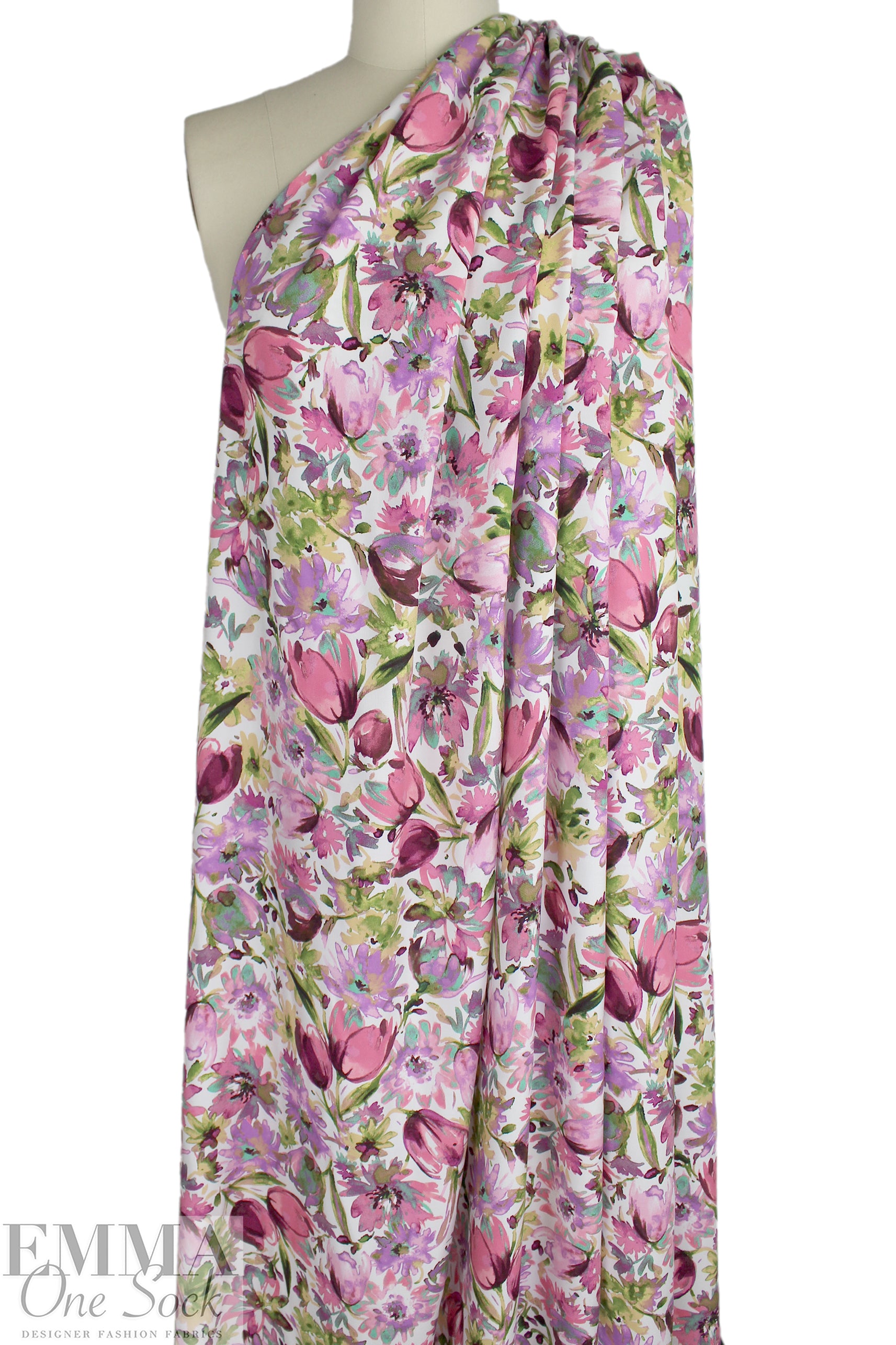 'painted posy' rayon twill woven - orchid/avocado 1 yard