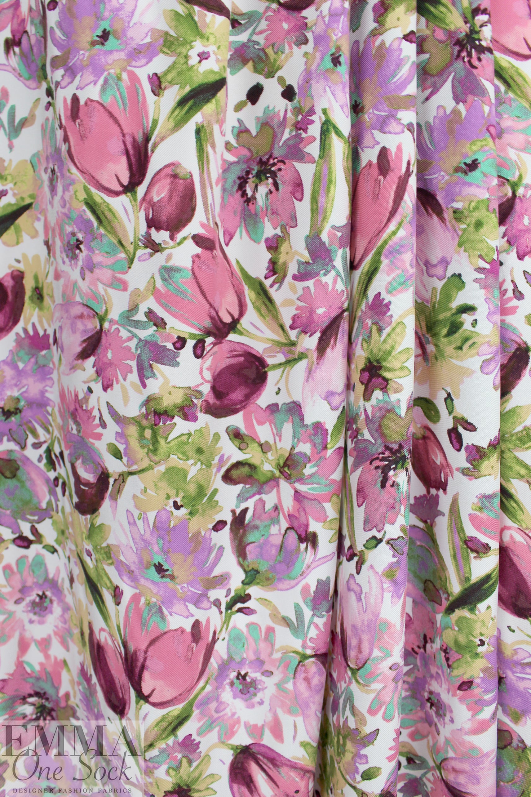 'painted posy' rayon twill woven - orchid/avocado 1 yard