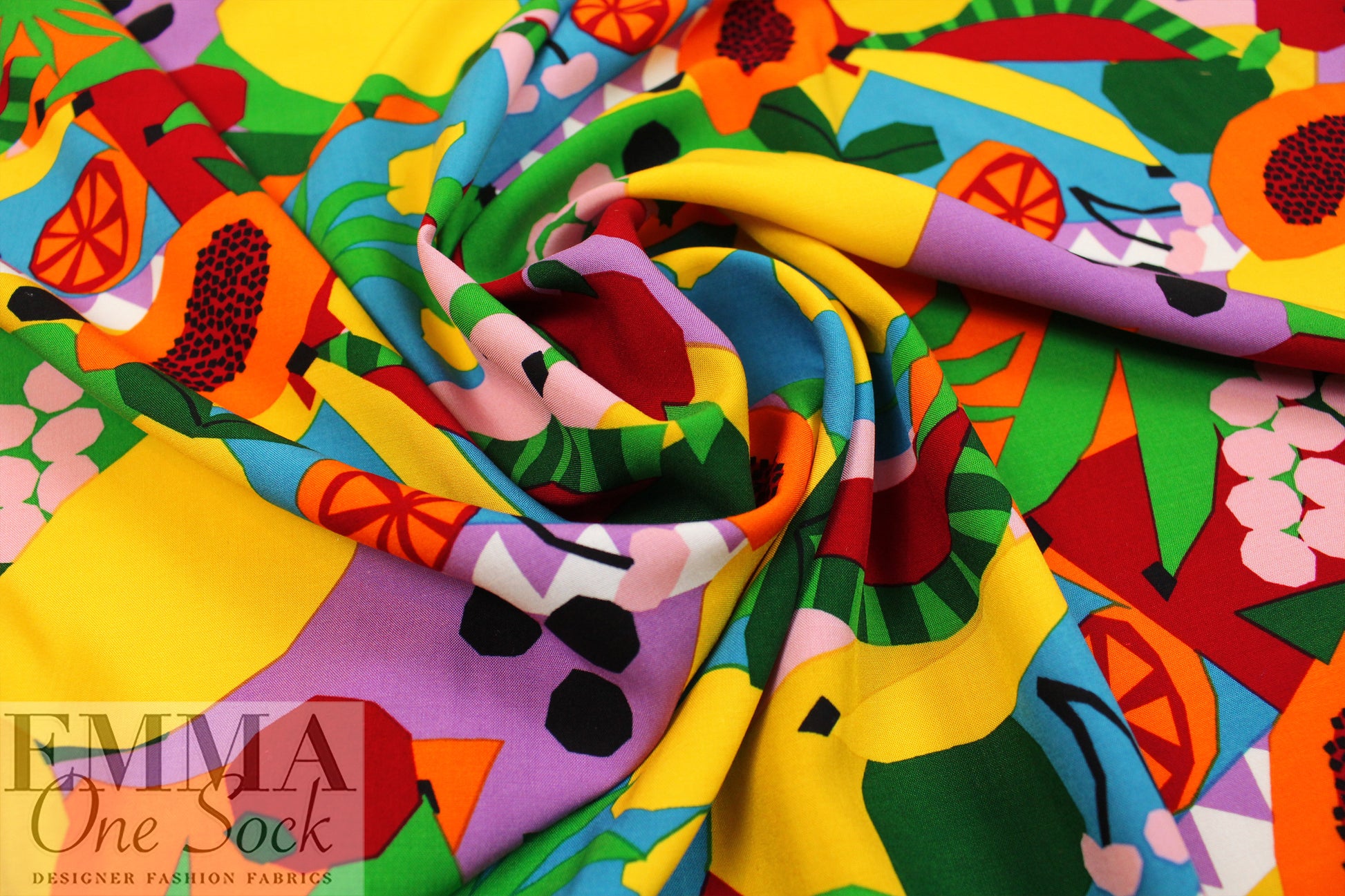 'tutti frutti' graphic print drapey viscose woven 1.75 yds
