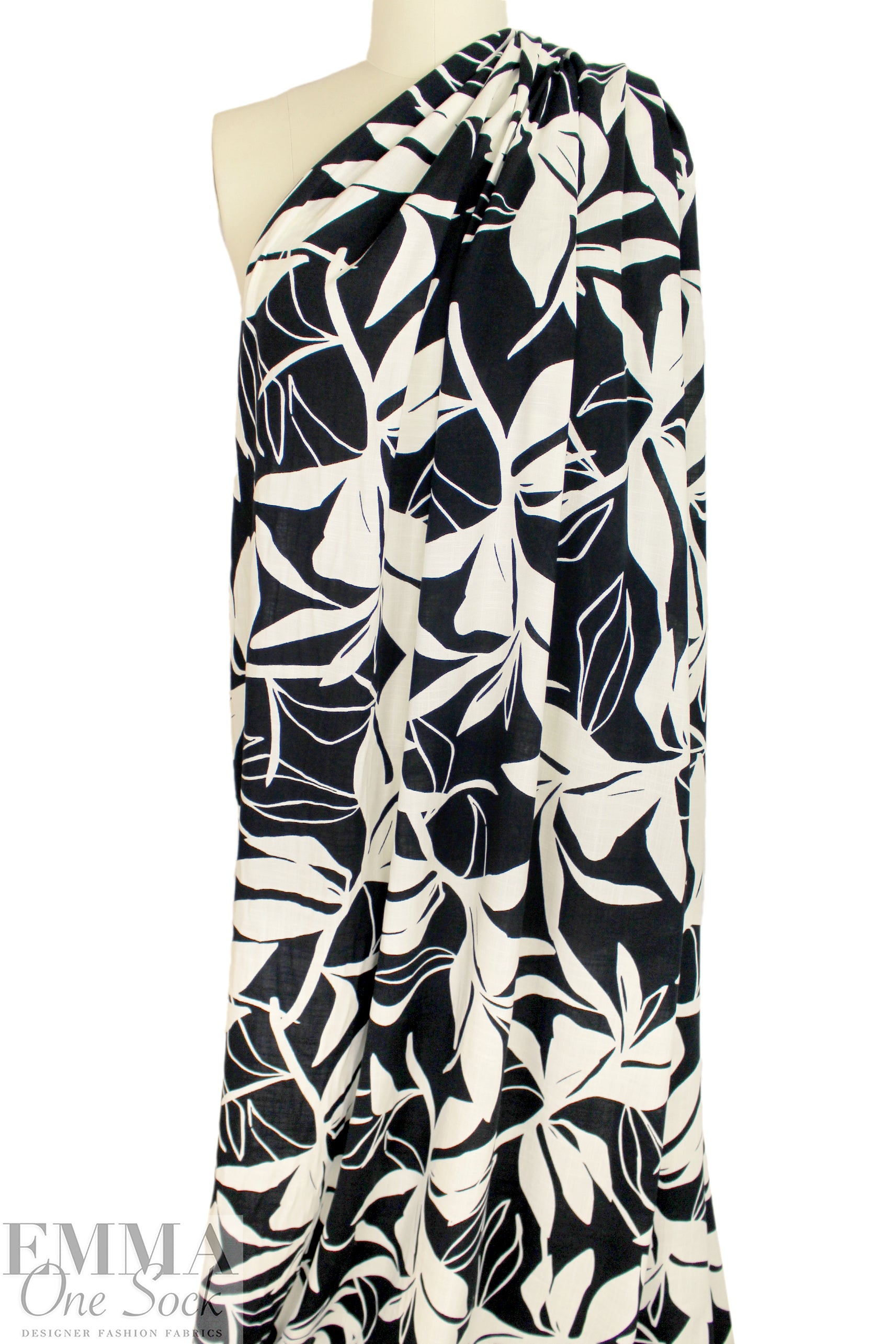 'leaf silhouette' slub rayon stretch woven - ecru/black 1.625 yds