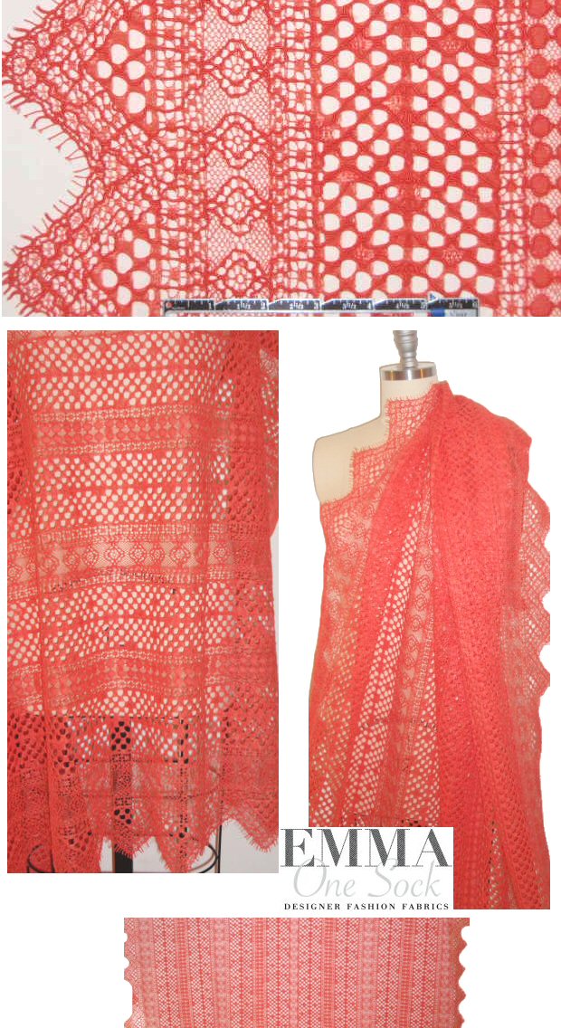 French reembroidered lace - bright coral