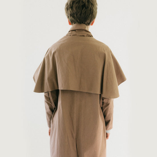 Back of the Drovers Coat, brown.  Showing the optional cape.