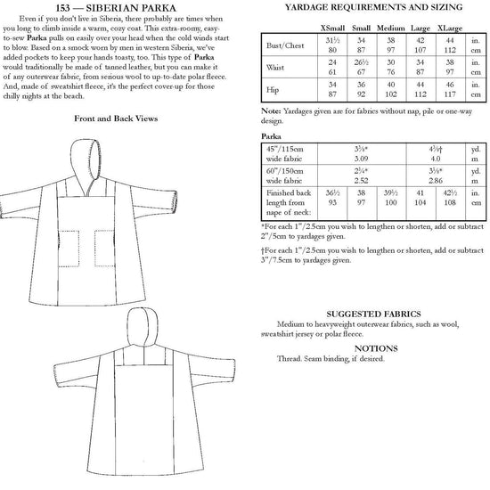 Photo of back of pattern cover.  Cover shows description of pattern, views, fabric suggestions, and size and yardage charts.