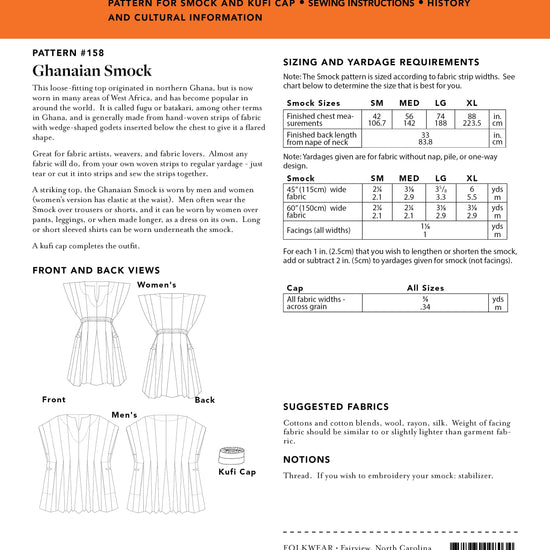 Photo of back cover shows size and yardage chart.  Includes fabric suggestions and description.
