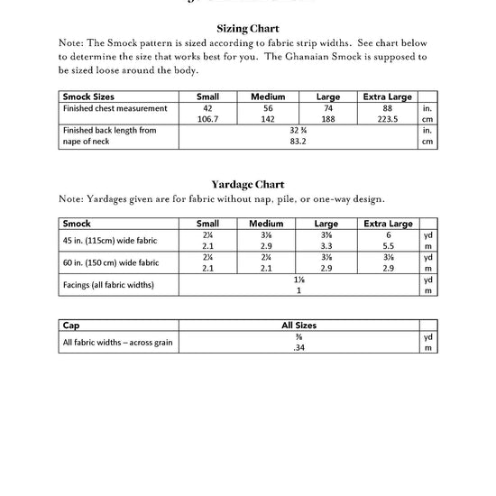 Sizing chart and yardage of 158 Ghanaian Smock