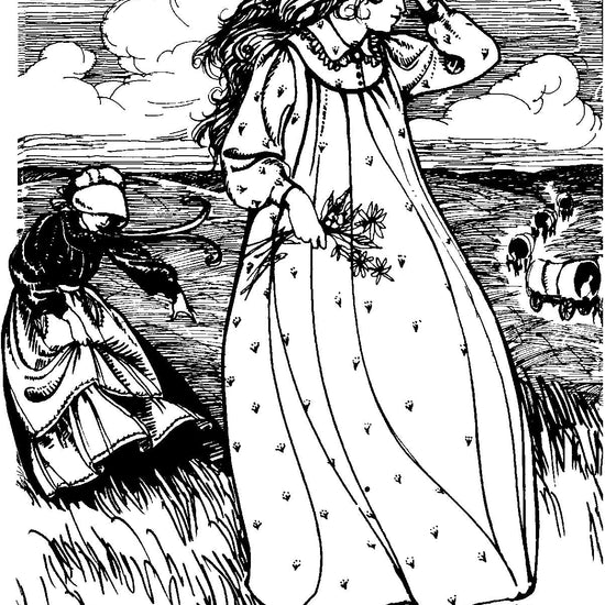 Blacka nd white pen and ink drawing by artist Gretchen Schields.  Two women on prairie.  Woman in foreground wears the prairie dress without an apron and holds a bunch of flowers in her hand.  Woman in distance wears prairie dress with an apron and sun bonnet.