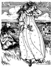 Blacka nd white pen and ink drawing by artist Gretchen Schields.  Two women on prairie.  Woman in foreground wears the prairie dress without an apron and holds a bunch of flowers in her hand.  Woman in distance wears prairie dress with an apron and sun bonnet.