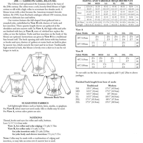 Photo of back of pattern cover. Cover shows description of pattern, views, fabric suggestions, and size and yardage charts.