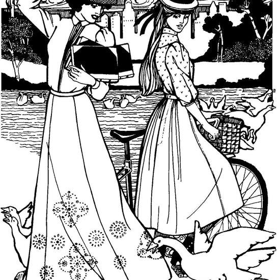Black and white pen and ink drawing by Gretchen Schields. Two women one riding a bike the other walking with books in her hands books at the ducks surrounding their feet by a pond. Both women are wearing 209 Walking Skirt.