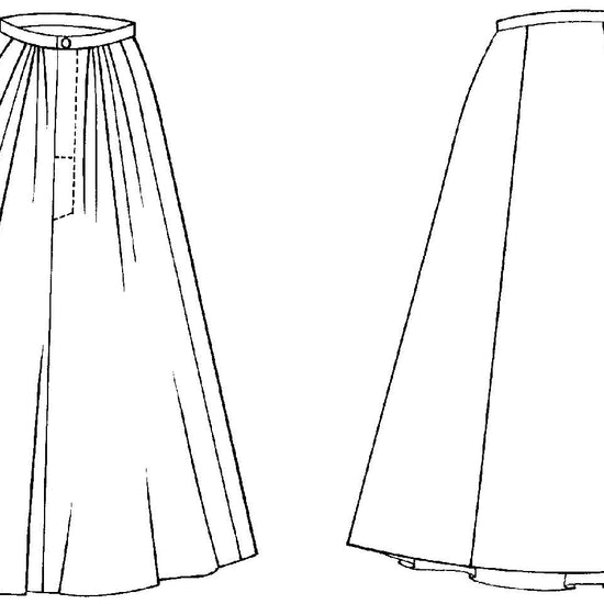 Black and white flat-line pattern drawings of front and back view of 209 Walking Skirt.