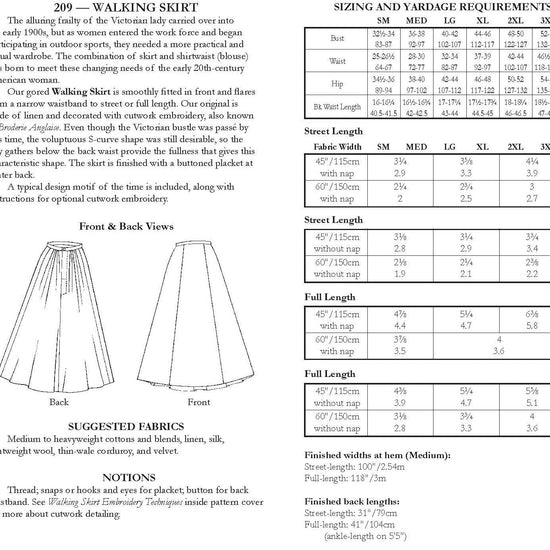 Photo of back cover showing yardage charts and size chart.  Fabric suggestions are included.