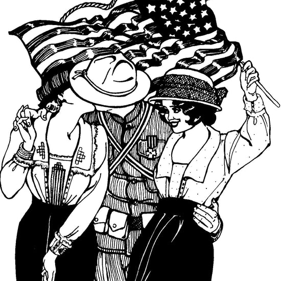 Black and white pen and ink drawing of a man kissing a woman and another woman standing with an American Flag in her hand waving in the background. Both women are wearing 210 Armistice Blouse.