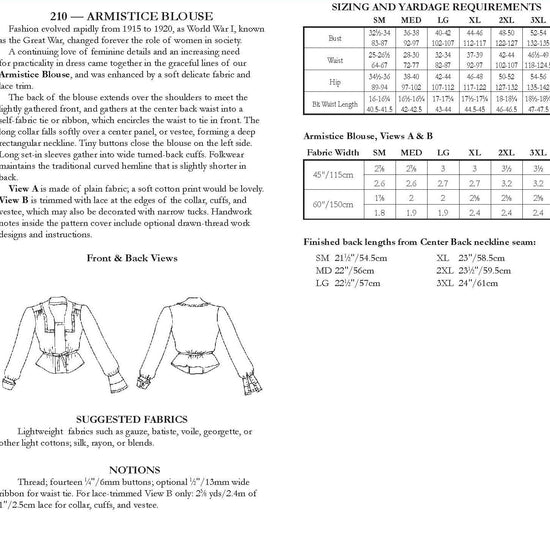 Photo of back cover showing yardage charts and size chart.  Fabric suggestions are included.