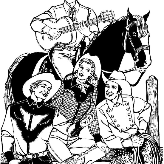 Black and white pen and ink drawing by Gretchen Schields. Three men one on a horse with a guitar, the  other two sitting on either side of a woman all wearing 212 Five Frontier Shirts.