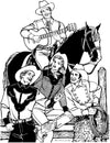 Black and white pen and ink drawing by Gretchen Schields. Three men one on a horse with a guitar, the  other two sitting on either side of a woman all wearing 212 Five Frontier Shirts.