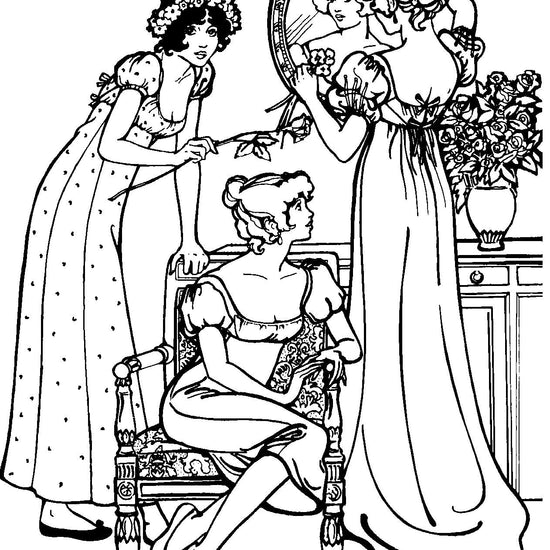 Black and white pen and ink drawing by Gretchen Schields, three woman, two standing and the middle one sitting on a chair all wearing 215 Empire Dress, one wearing the simple version full length, the middle one sitting wearing simple version street length and the other wearing the authentic version with train.