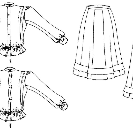 Black and white flat-line pattern drawings of front view of Shirtwaist and short and long skirts.