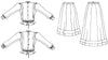 Black and white flat-line pattern drawings of front view of Shirtwaist and short and long skirts.