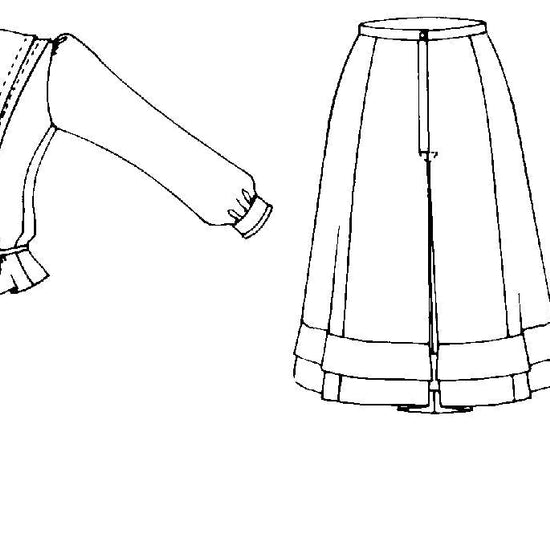 Black and white flat-line pattern drawing of back view of Shirtwaist, and short and long skirts.