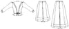 Black and white flat-line pattern drawing of back view of Shirtwaist, and short and long skirts.