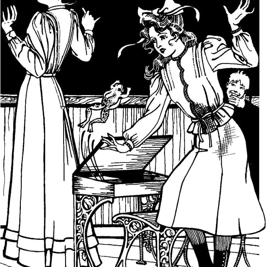 Black and white pen and ink drawing of two women wearing 216 Schoolmistress Shirtwaist and skirt, frightened by a frog jumping out of a school desk , and a child laughing in the background.