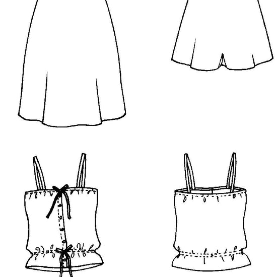 Black and white flat-line pattern drawing of front view of 219 Intimacies Slip and Teddy, and front and back view of the Camisole and tap pants.