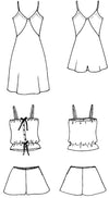 Black and white flat-line pattern drawing of front view of 219 Intimacies Slip and Teddy, and front and back view of the Camisole and tap pants.