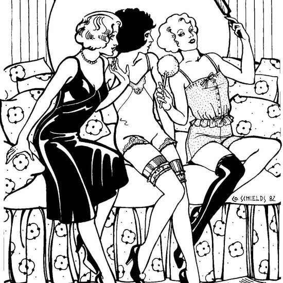 Black and white pen and ink drawing of three woman sitting on a sofa looking at a handheld mirror wearing 219 Intimacies, one with wearing the slip, one wearing the teddy and the other wearing the camisole and the tap pants.