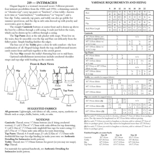 Photo of back cover showing yardage charts and size chart.  Fabric suggestions are included.