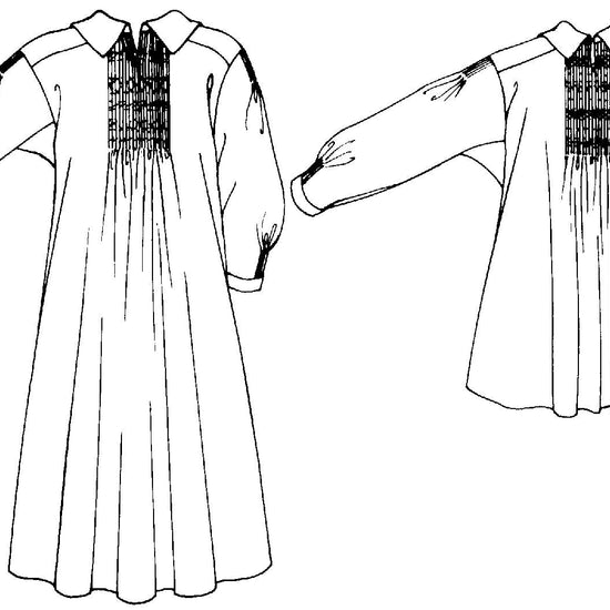 Black and white flat-line pattern drawings of back views of round frock and smock frock.