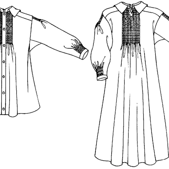 Black and white flat-line pattern drawing of front view of round frock and smock frock.