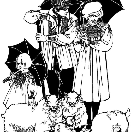 black and white pend and ink drawing by Gretchen Shields. A girl, man and woman holding umbrellas all wearing 221 English Smock, with their small flock of sheep