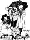 black and white pend and ink drawing by Gretchen Shields. A girl, man and woman holding umbrellas all wearing 221 English Smock, with their small flock of sheep